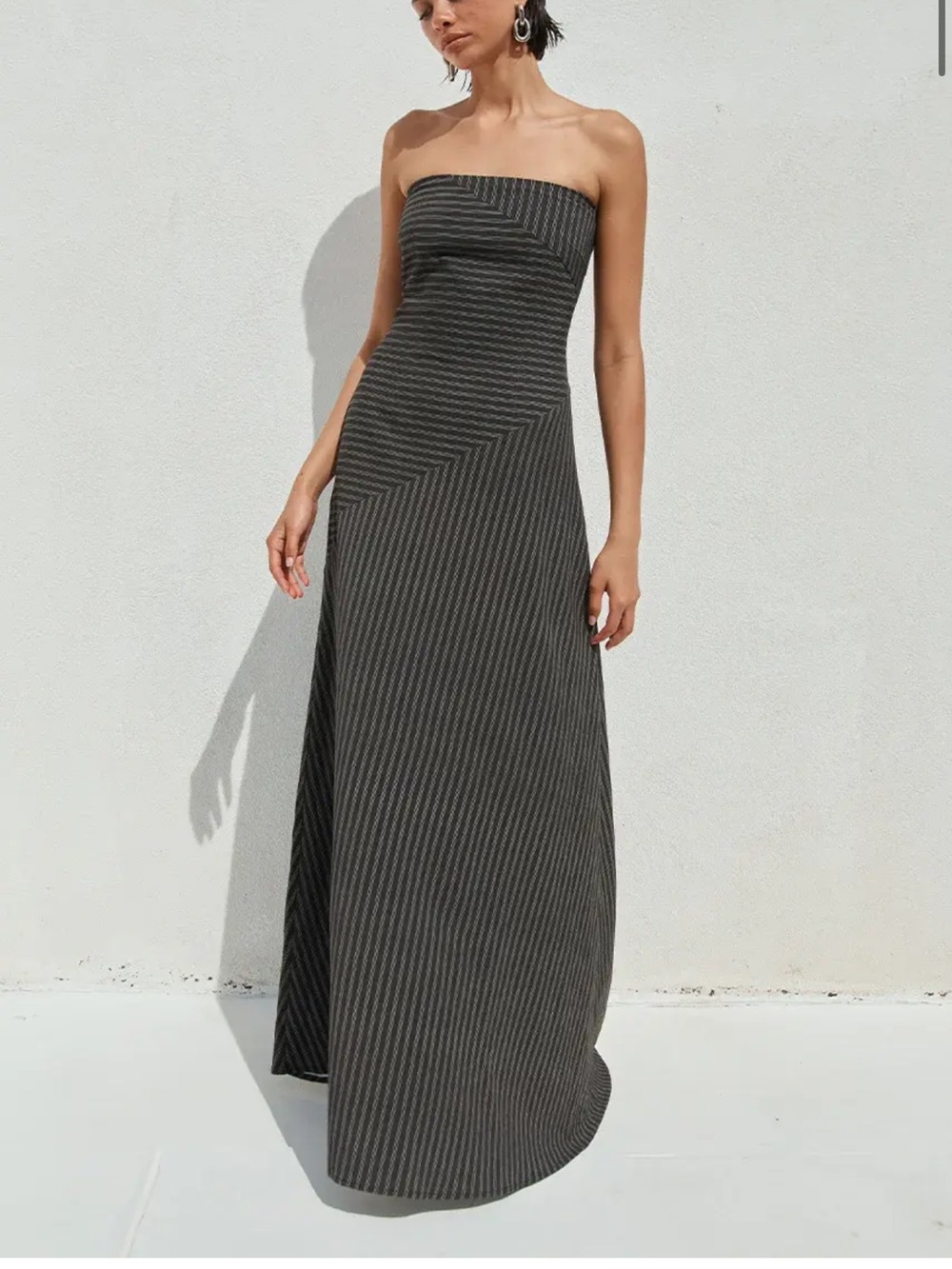 Strapless Black and Gray Pinstripe Maxi Dress - Picture 7 of 7